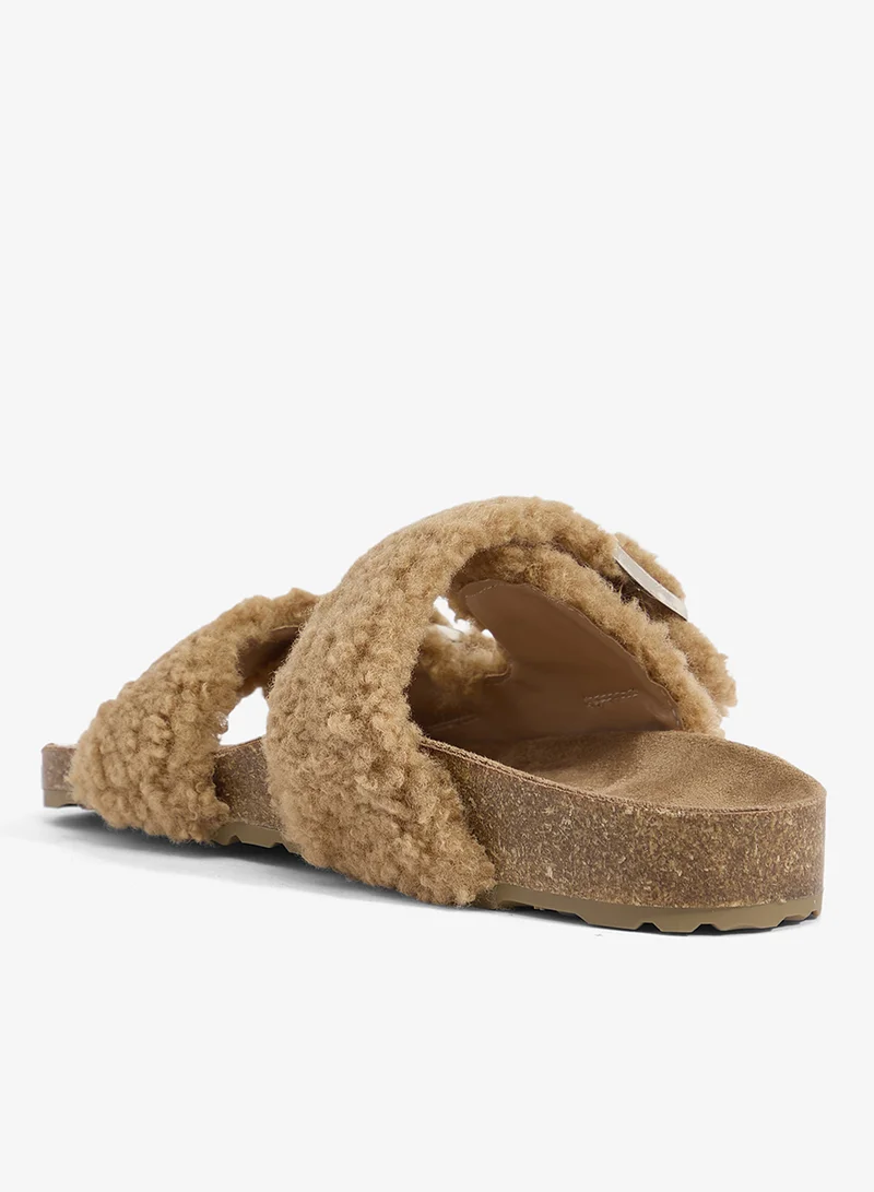 Ginger Brown Cork Faux Fur Flat Sandals for Women | Best Price UAE